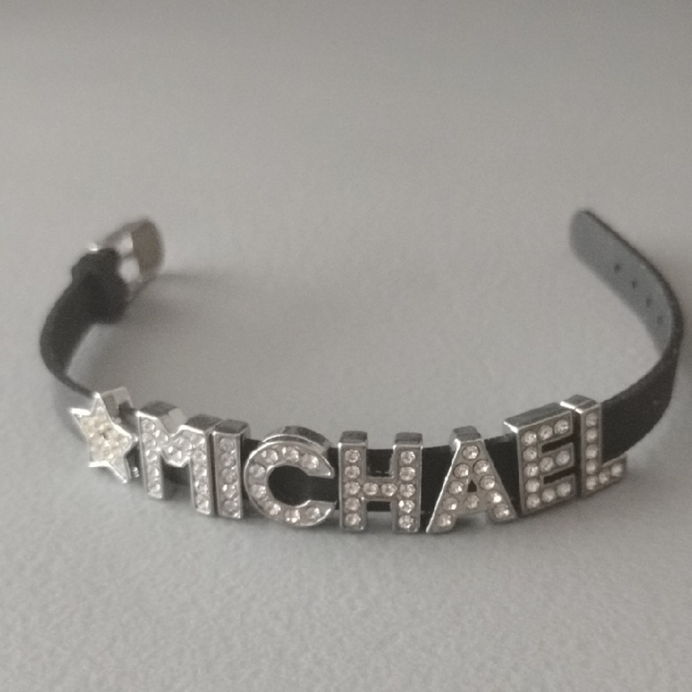 Michael Black Leather Bracelet with Silver Lettering